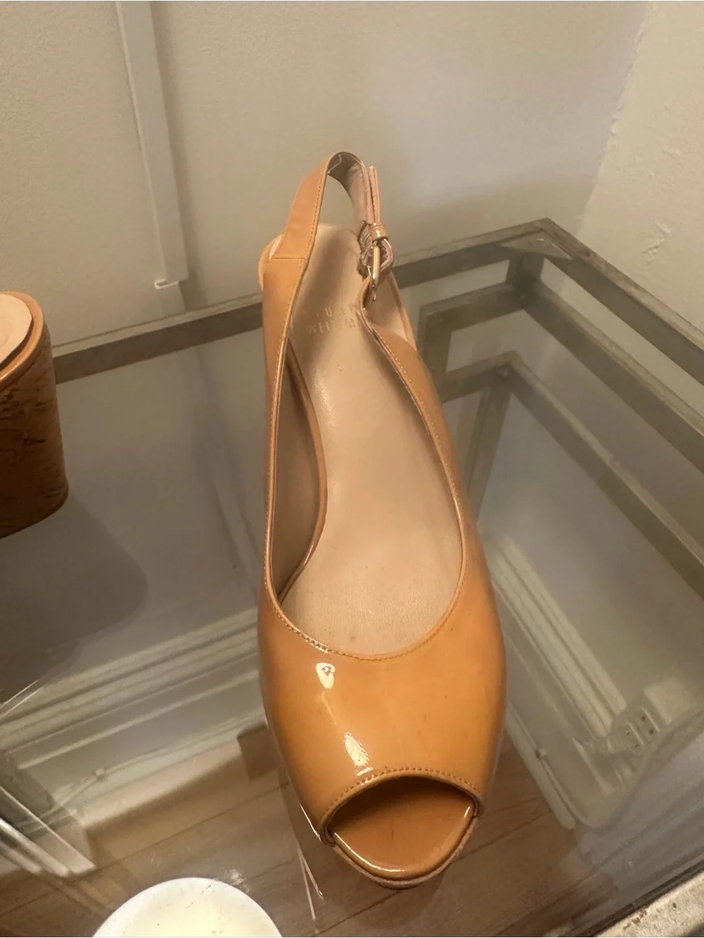 Stuart Weitzman Tan Patent Peep-Toe Slingback Wedges